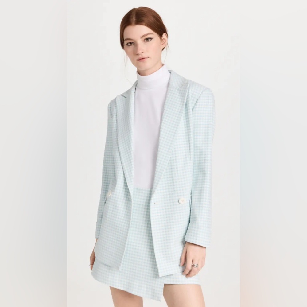 Alice + Olivia Justin Longline Houndstooth Blazer Pastel Blue/White Size 2 NWOT